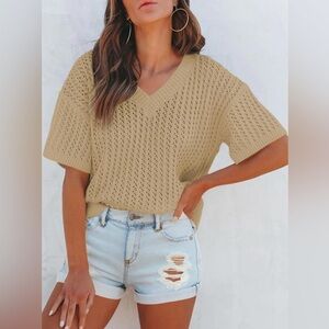 Dakotoo Women’s Tan Camel Hollowed Out Knit Short Sleeve V-Neck Sweater Size L